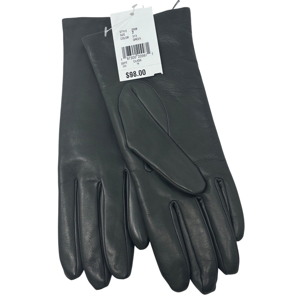 Bloomingdales Womens Green Leather Cashmere Lined Gloves Made in Italy Size 7